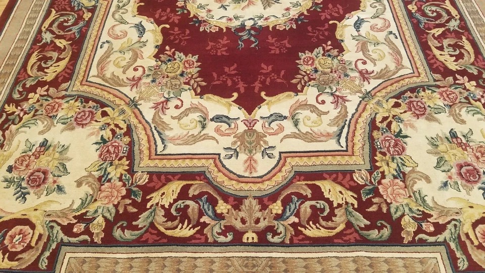 9 x 12 Burgundy Hand woven French Aubusson 100% wool Area rug