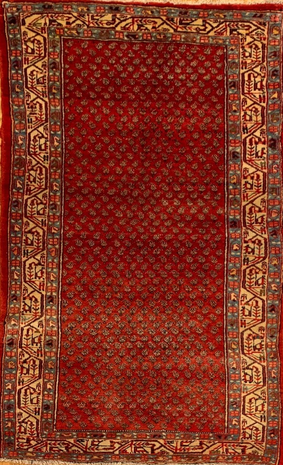 3.5x 7 Vintage Tribal Geometric Red 100% Wool Rug Vegetable Dye Rug