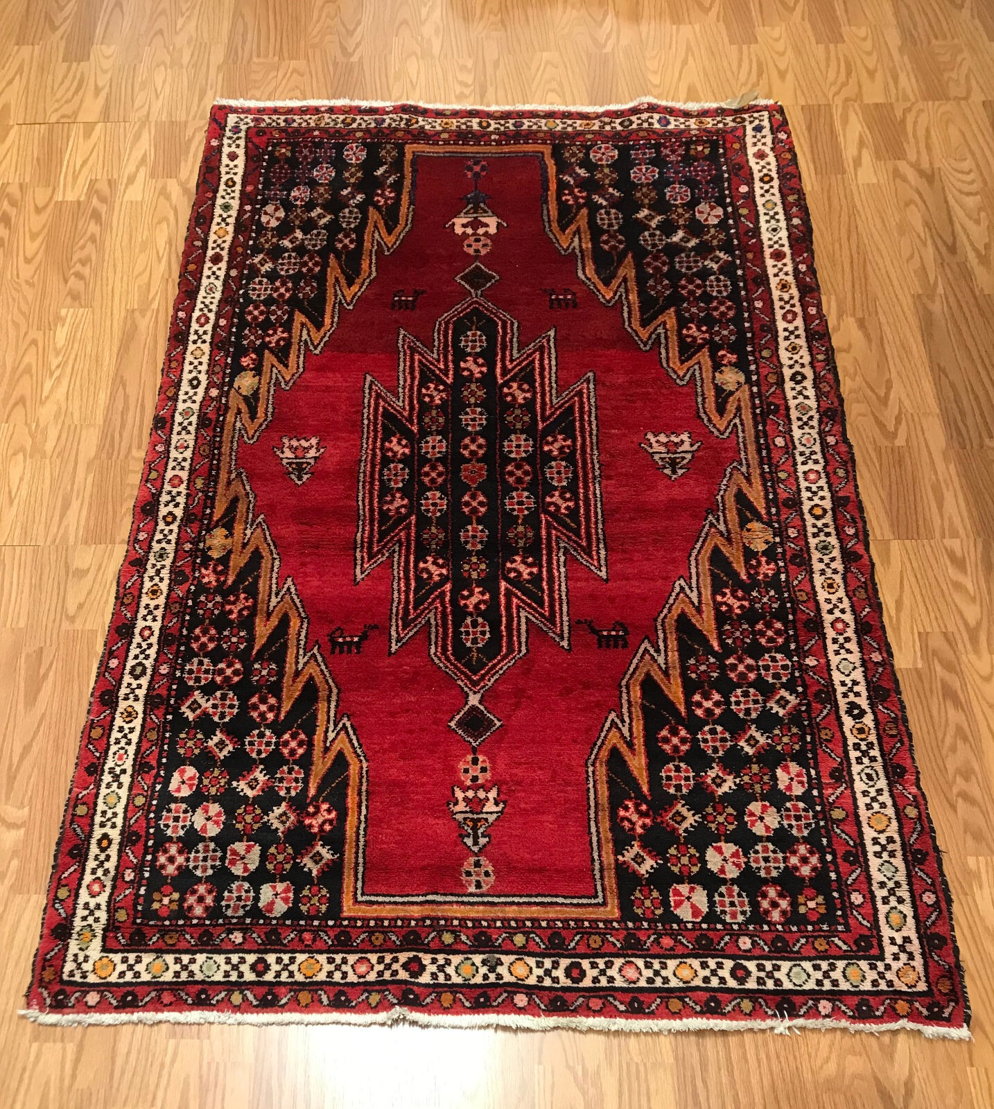 4.4 x 6.9 Vintage Tribal Geometric Navy 100% Wool Vegetable Dye Rug