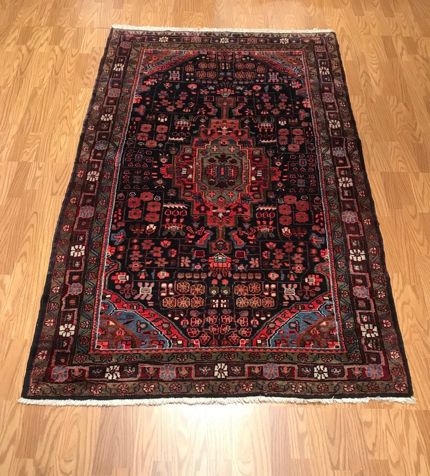 4.10 x 8 Vintage Tribal Geometric Black 100% Wool Vegetable Dye