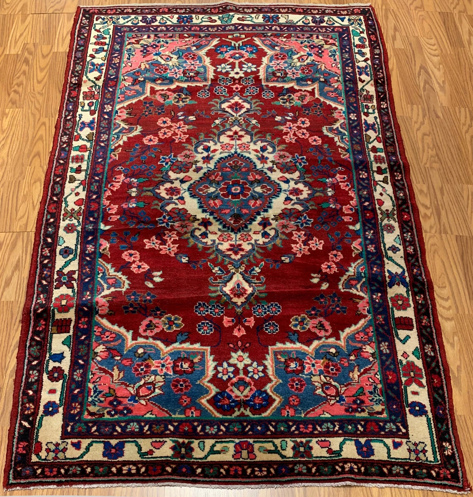 4.2 x 6.9 ft Vintage Tribal Floral Red 100% Wool Vegetable Dye Rug