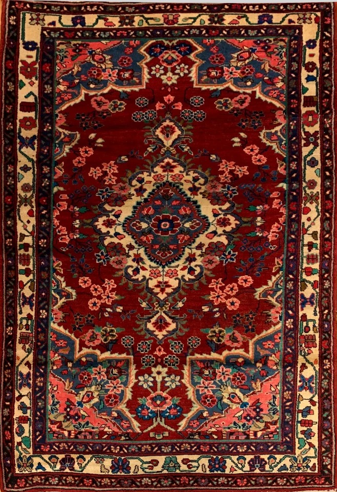 4.2 x 6.9 ft Vintage Tribal Floral Red 100% Wool Vegetable Dye Rug