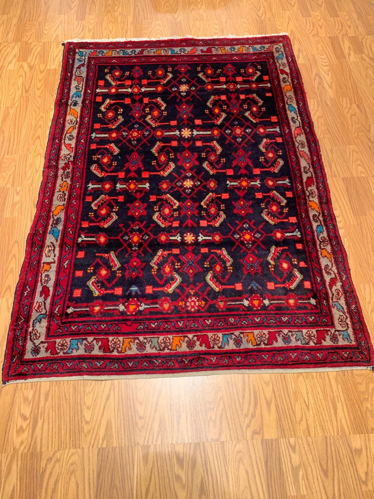 5 X 7.3 Vintage Navy Tribal Hand Knotted 100% Wool Vegetable Dye Rug