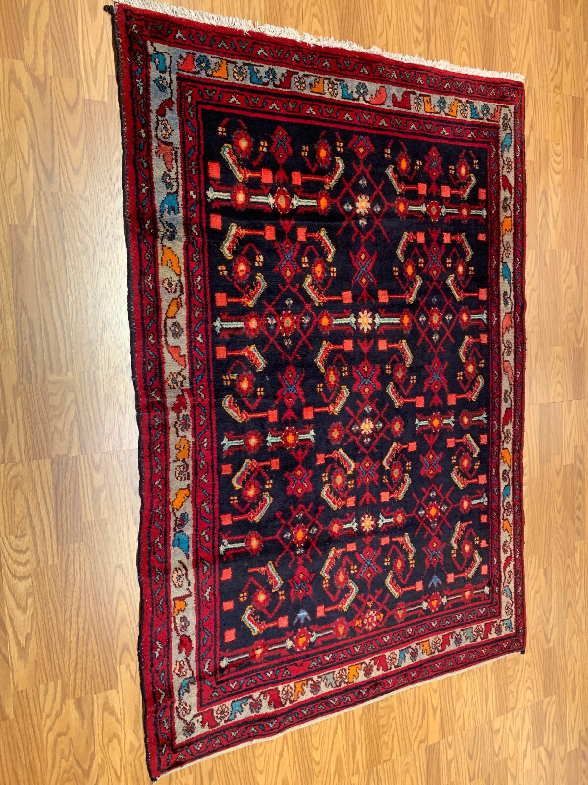 5 X 7.3 Vintage Navy Tribal Hand Knotted 100% Wool Vegetable Dye Rug