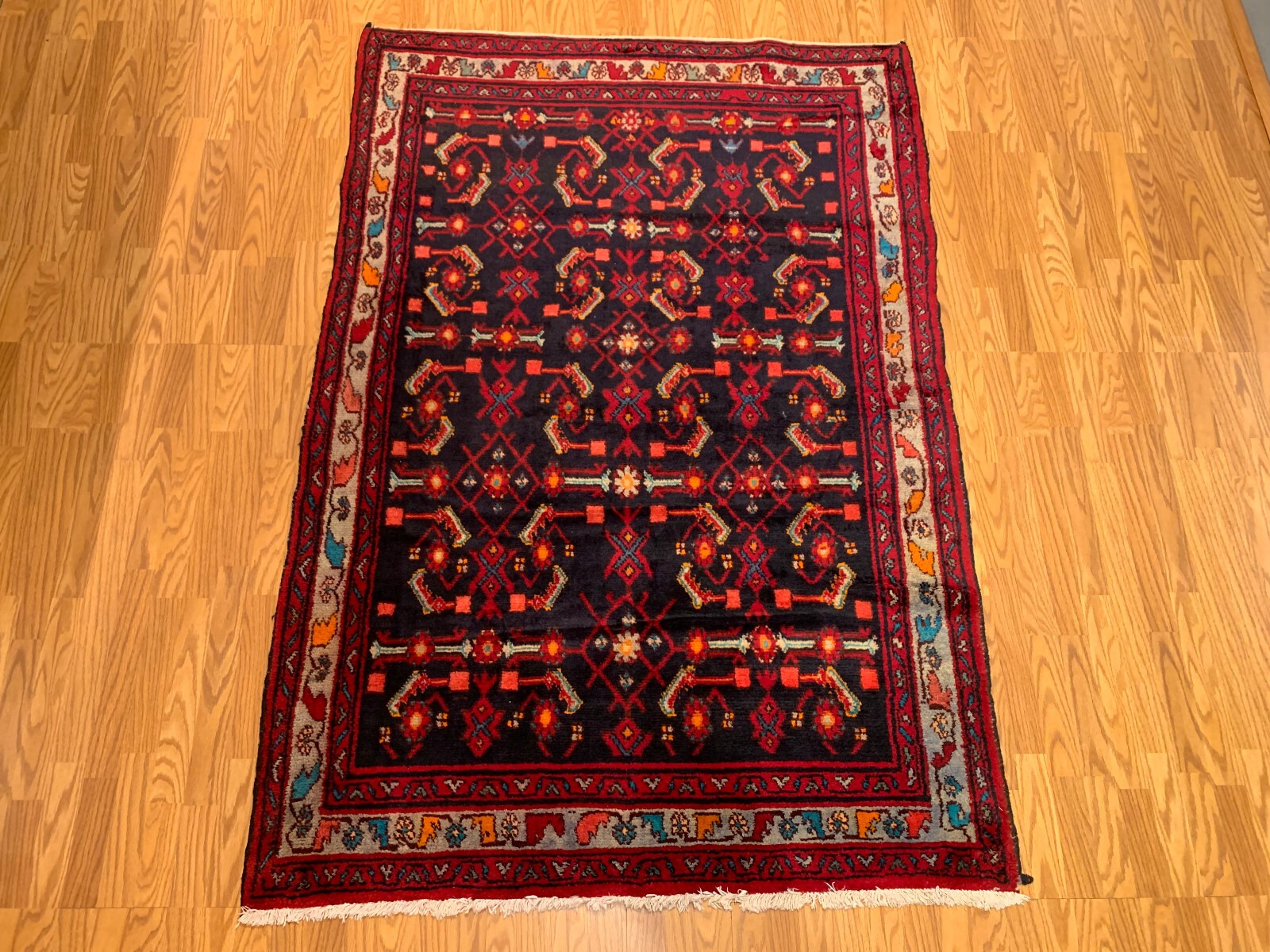 5 X 7.3 Vintage Navy Tribal Hand Knotted 100% Wool Vegetable Dye Rug