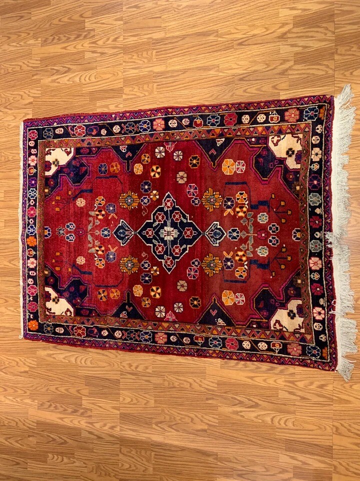 4.10 X 6.5 ft Vintage Tribal Red Hand Knotted 100% Wool Vegetable Dye Rug EB234981106393 Montaage