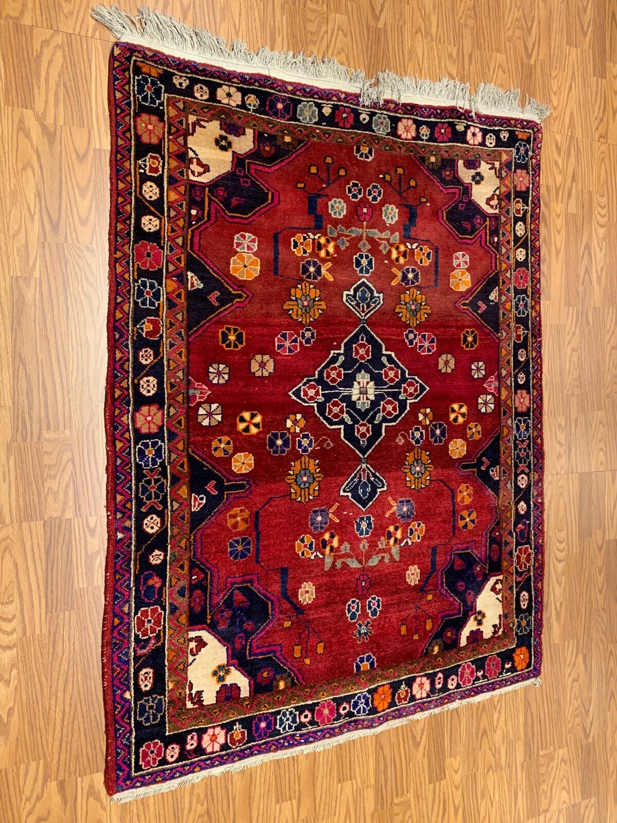 4.10 X 6.5 ft Vintage Tribal Red Hand Knotted 100% Wool Vegetable Dye Rug