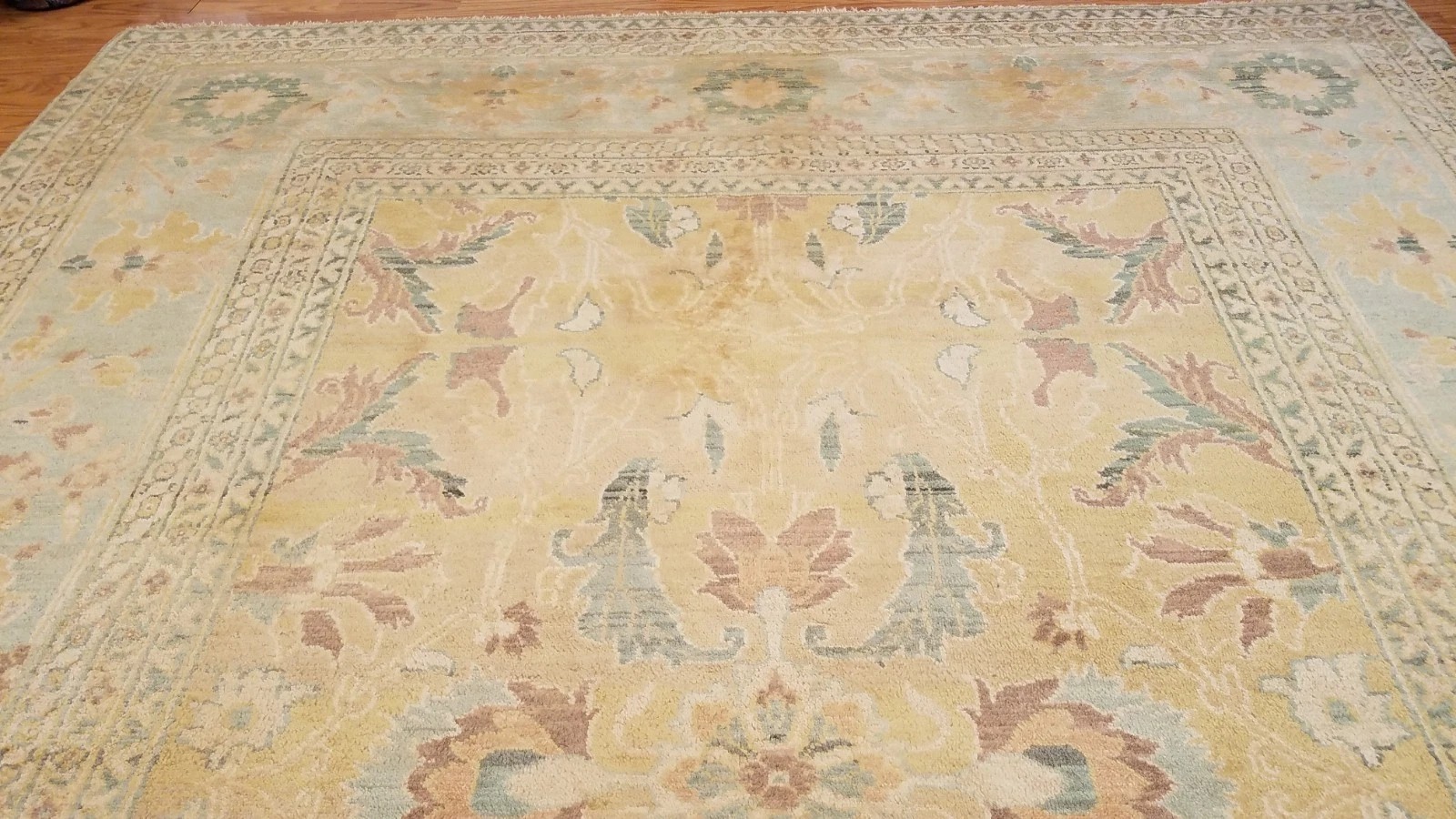 8 x 10 Salmon & Blue Vegetable Dyed Indo Pechavar Hand Knotted Wool Carpet
