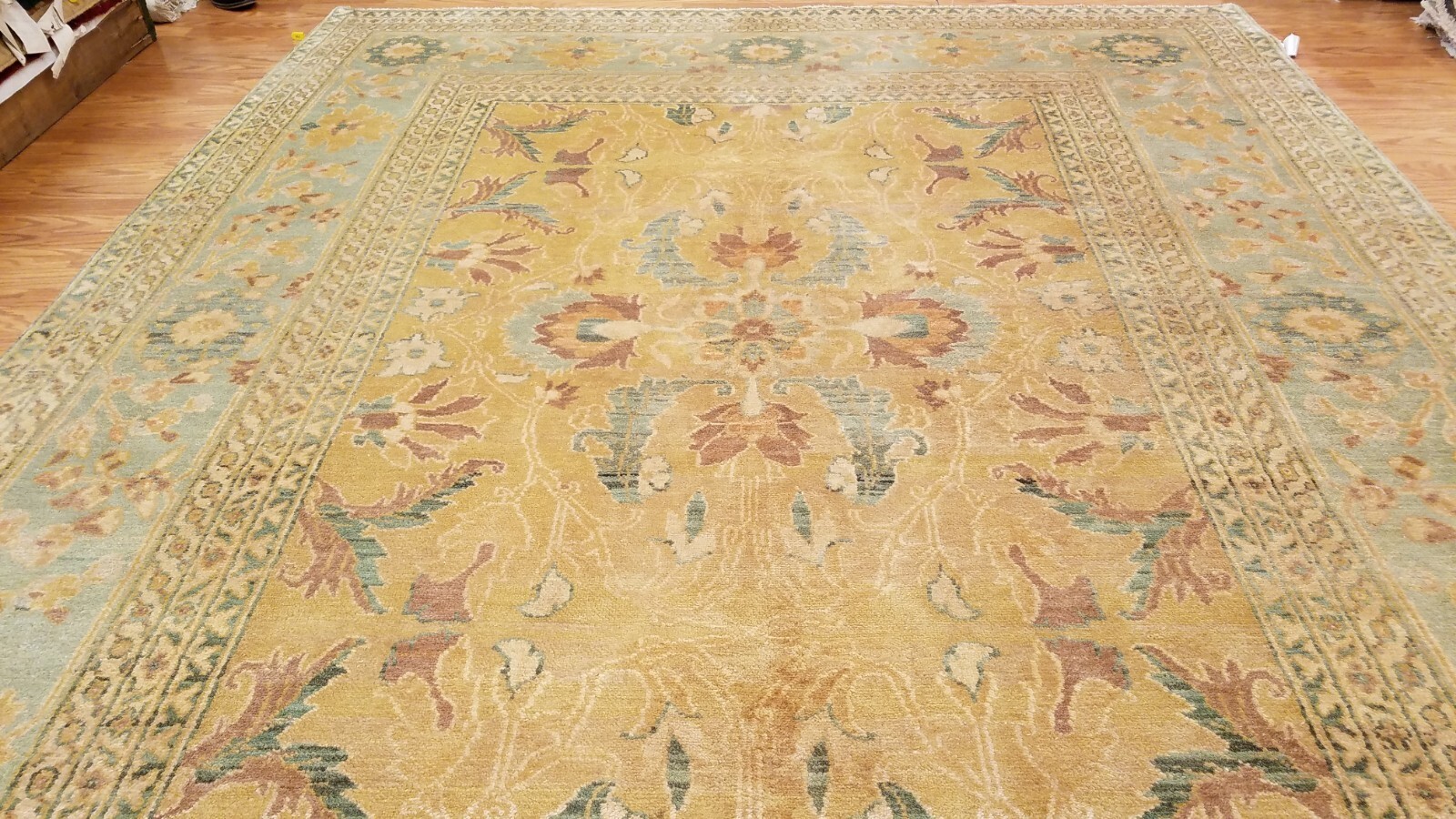 8 x 10 Salmon & Blue Vegetable Dyed Indo Pechavar Hand Knotted Wool Carpet