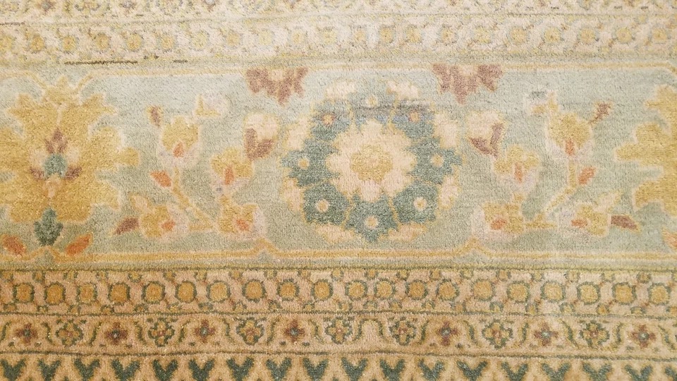 8 x 10 Salmon & Blue Vegetable Dyed Indo Pechavar Hand Knotted Wool Carpet