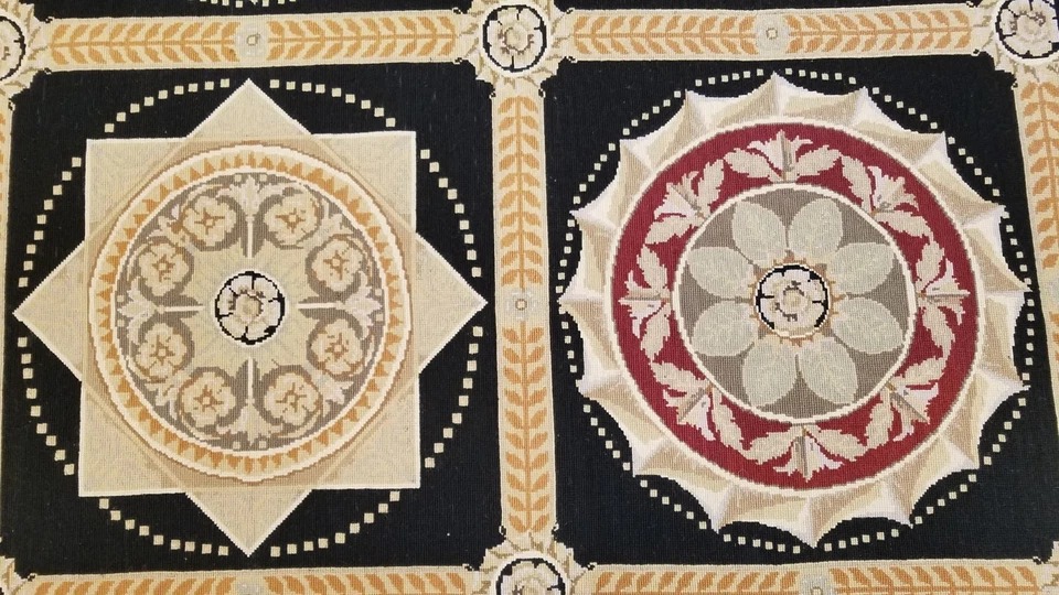 8 x 10 Black & Gold French Aubusson Needle Point Hand Knotted Wool Rug