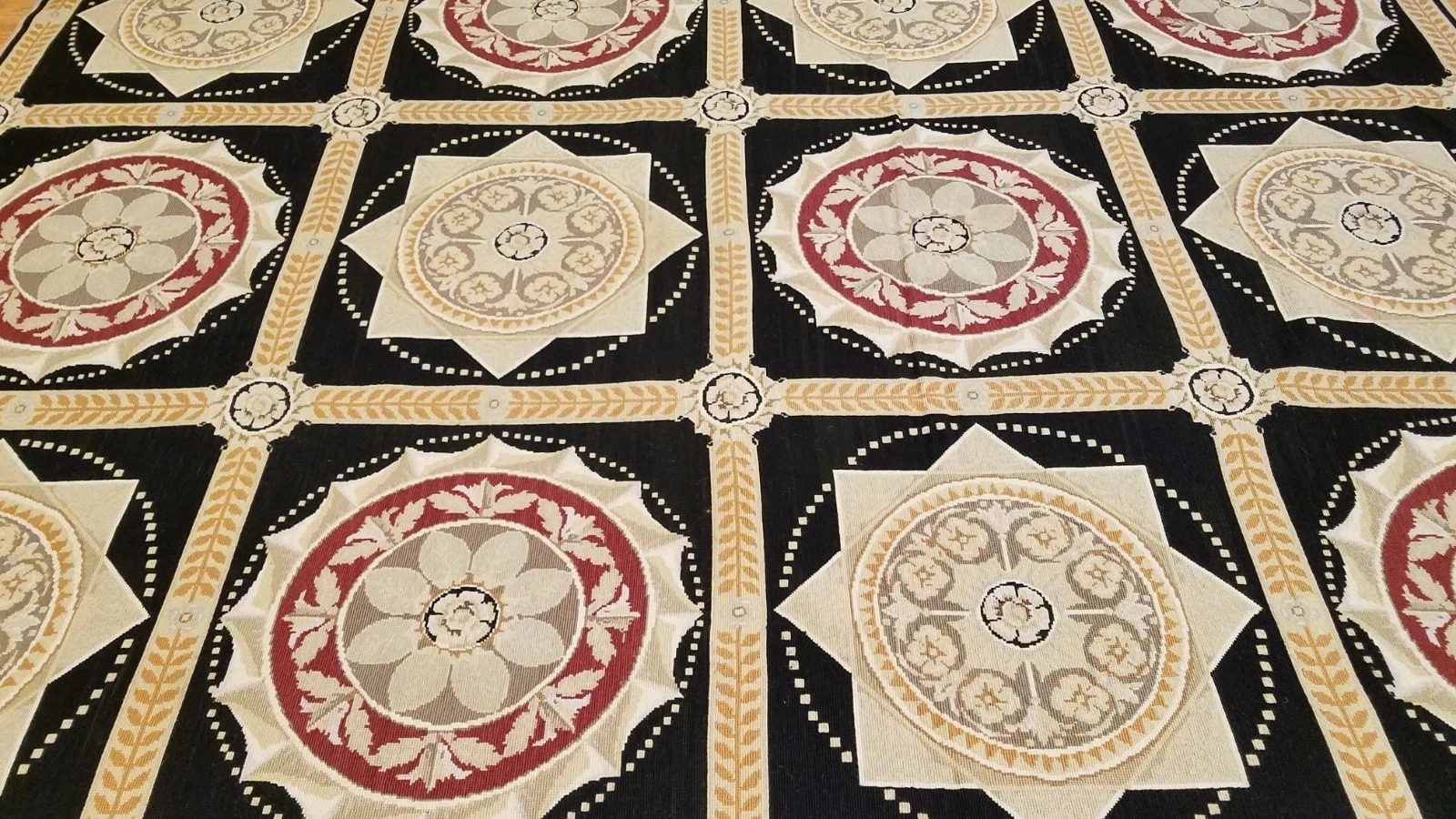8 x 10 Black & Gold French Aubusson Needle Point Hand Knotted Wool Rug