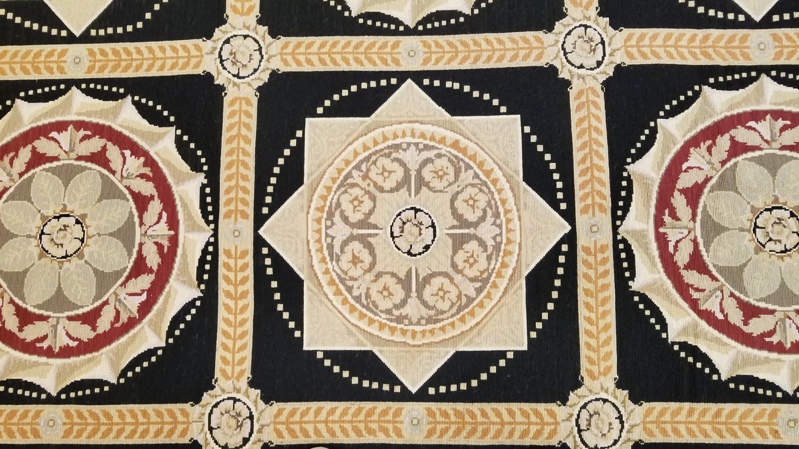 8 x 10 Black & Gold French Aubusson Needle Point Hand Knotted Wool Rug