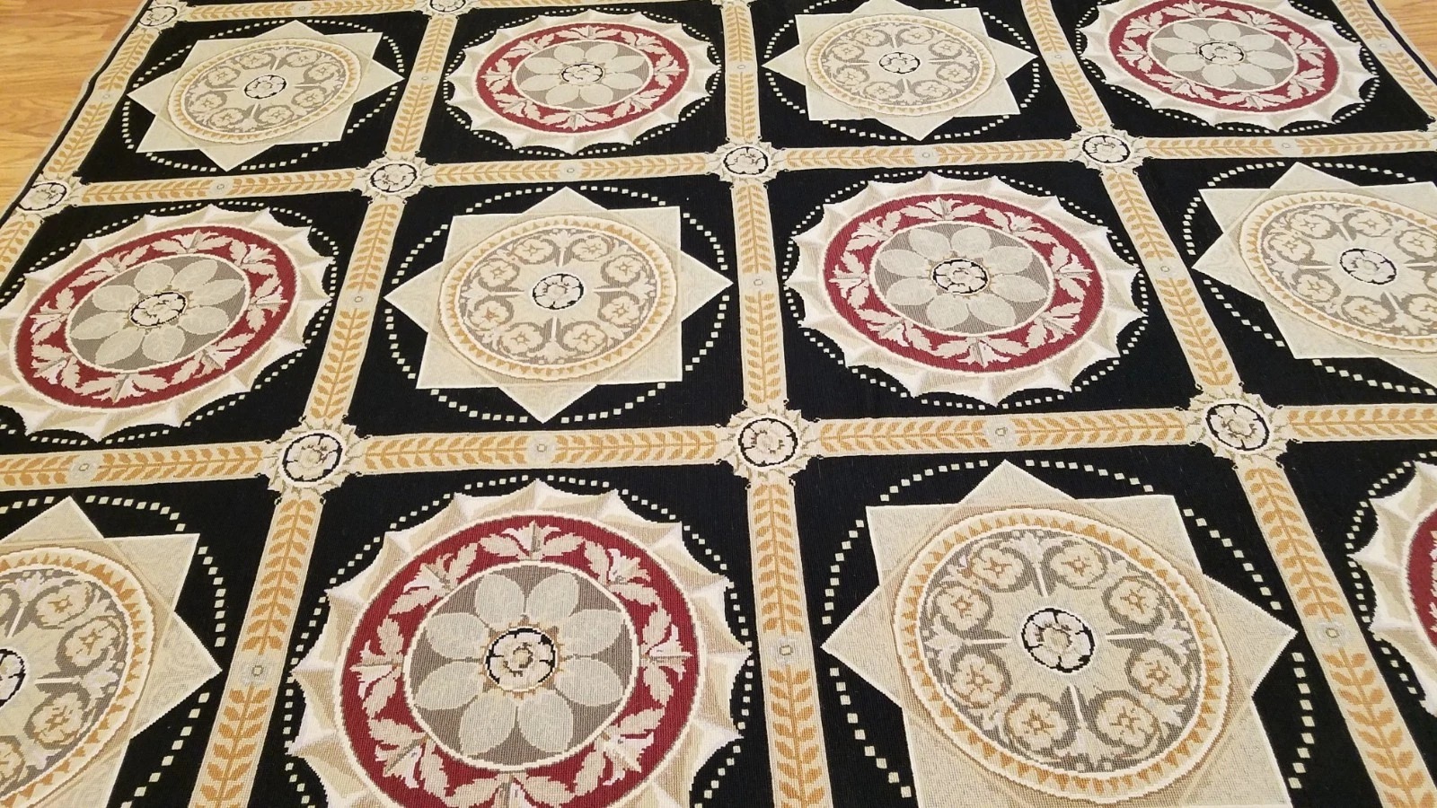 8 x 10 Black & Gold French Aubusson Needle Point Hand Knotted Wool Rug