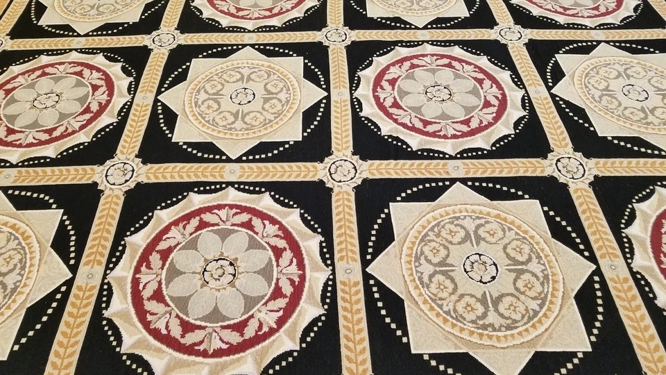 8 x 10 Black & Gold French Aubusson Needle Point Hand Knotted Wool Rug