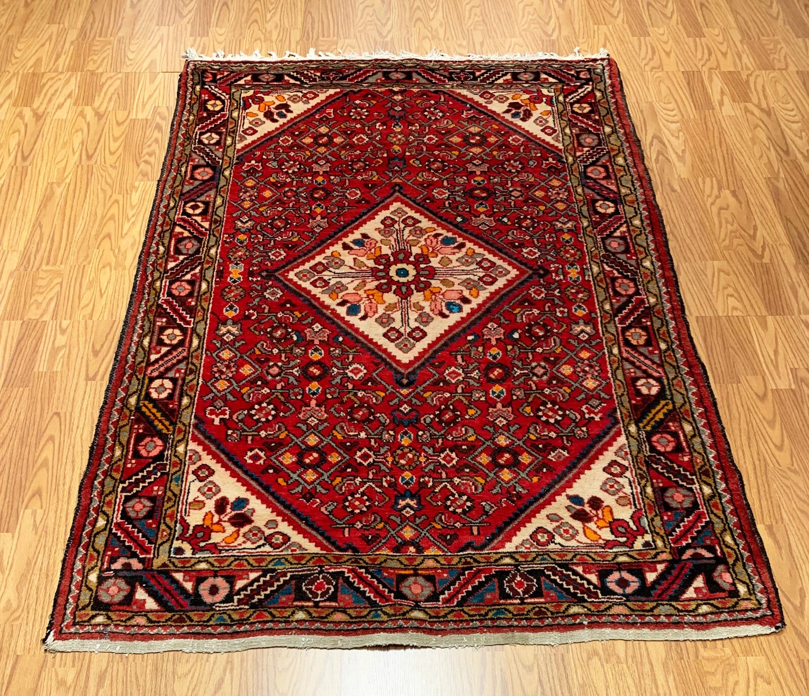 5.2 x 7.5 ft Vintage Tribal Geometric Red 100% Wool Vegetable Dye Rug