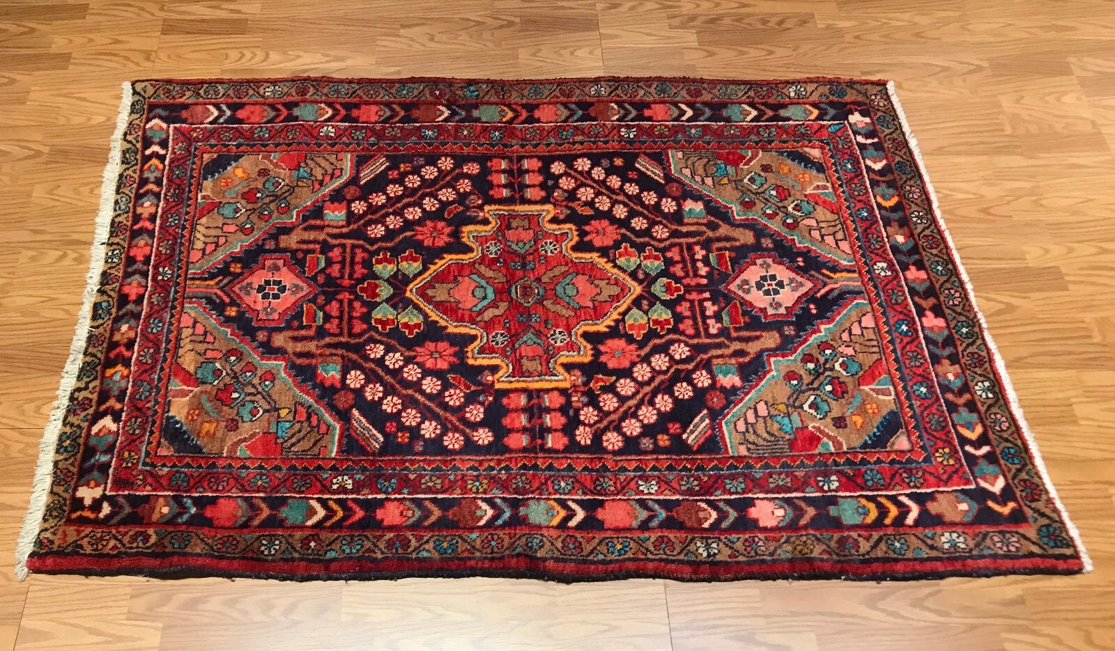 4.5 x 6.6 Vintage Tribal Geometric Navy 100% Wool Vegetable Dye Rug