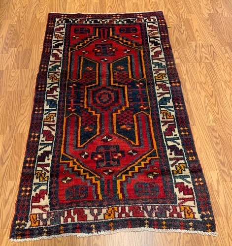 3.9 x 6.9 Vintage Tribal Geometric Red 100% Wool Rug Vegetable Dye Rug