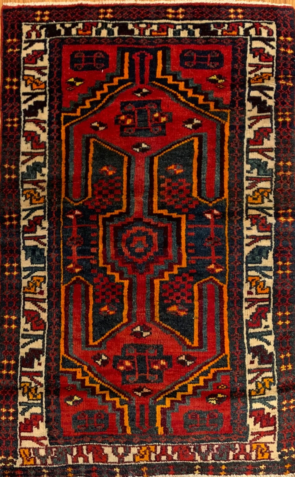 3.9 x 6.9 Vintage Tribal Geometric Red 100% Wool Rug Vegetable Dye Rug