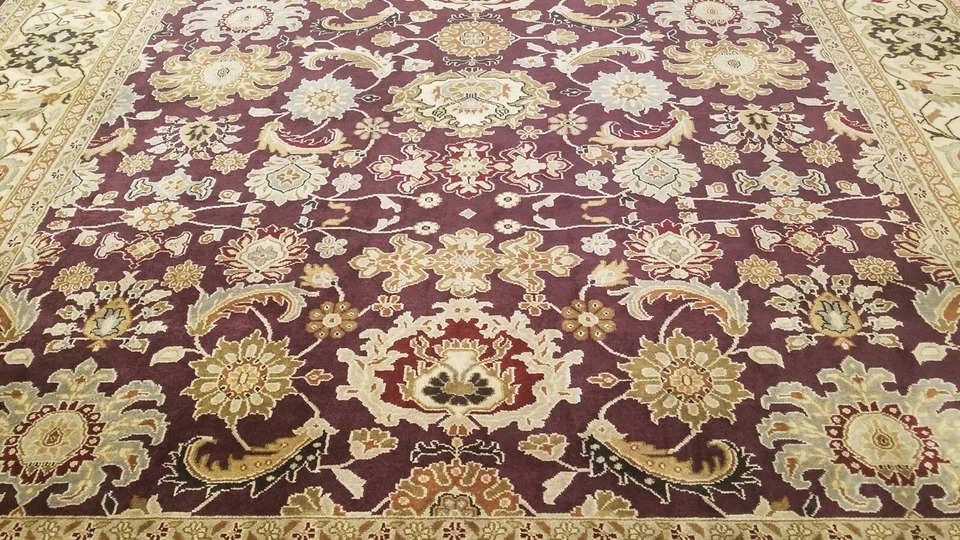 9 x 12 Eggplant Indo Agra All-Over Wool Hand-Knotted Oriental Rug
