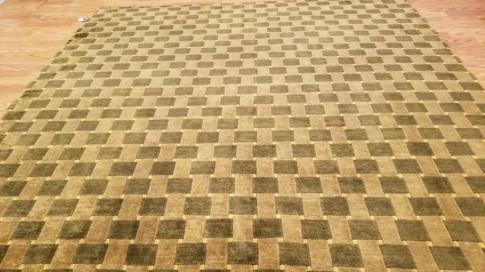 6 x 9 Brown & Olive Modern Checked Hand Knotted Wool Nepal rug