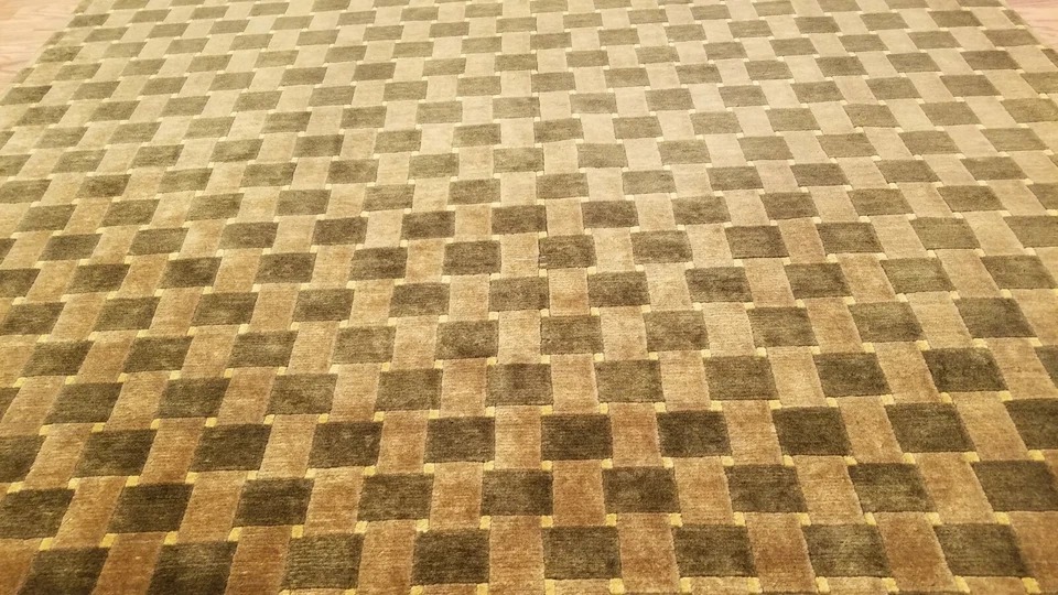 6 x 9 Brown & Olive Modern Checked Hand Knotted Wool Nepal rug
