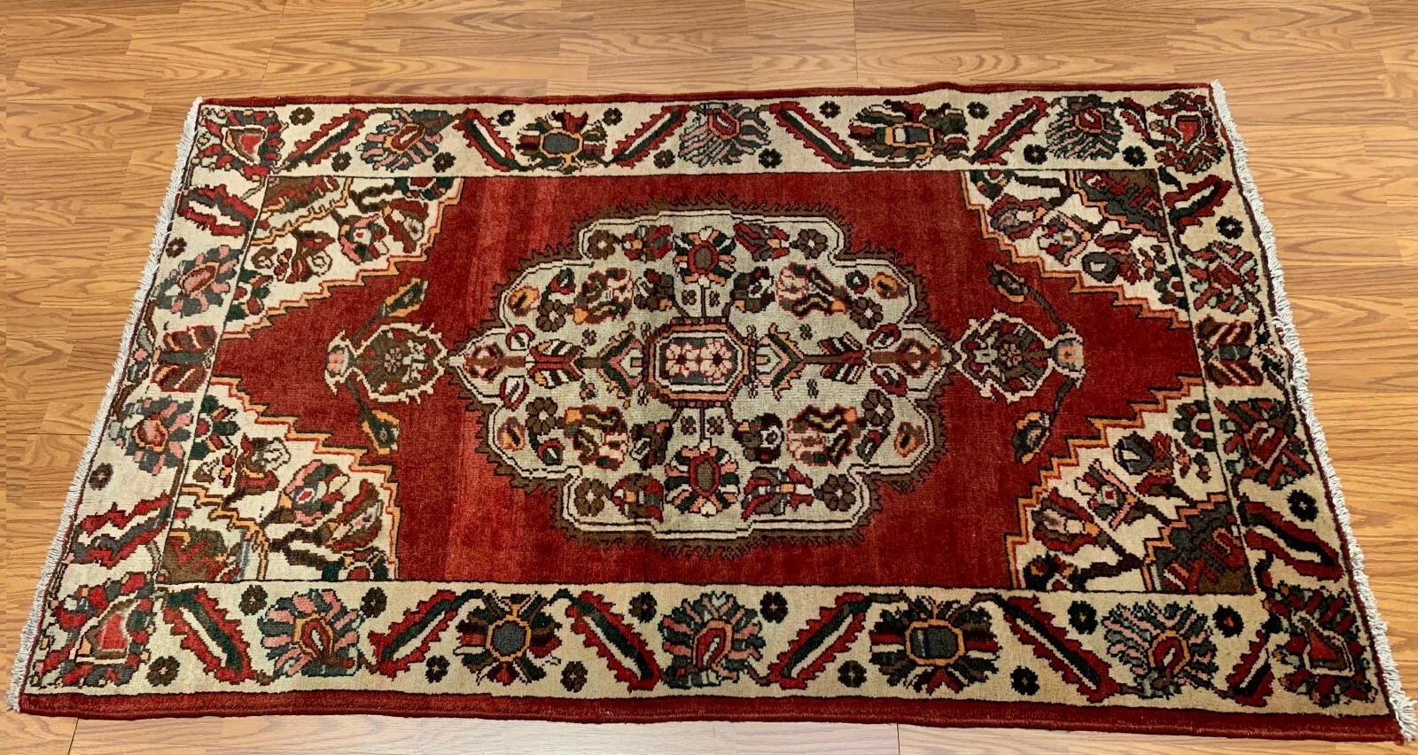 4.3 x 6.7 ft Semi Antique Tribal Geometric Red 100% Wool Vegetable Dye Rug