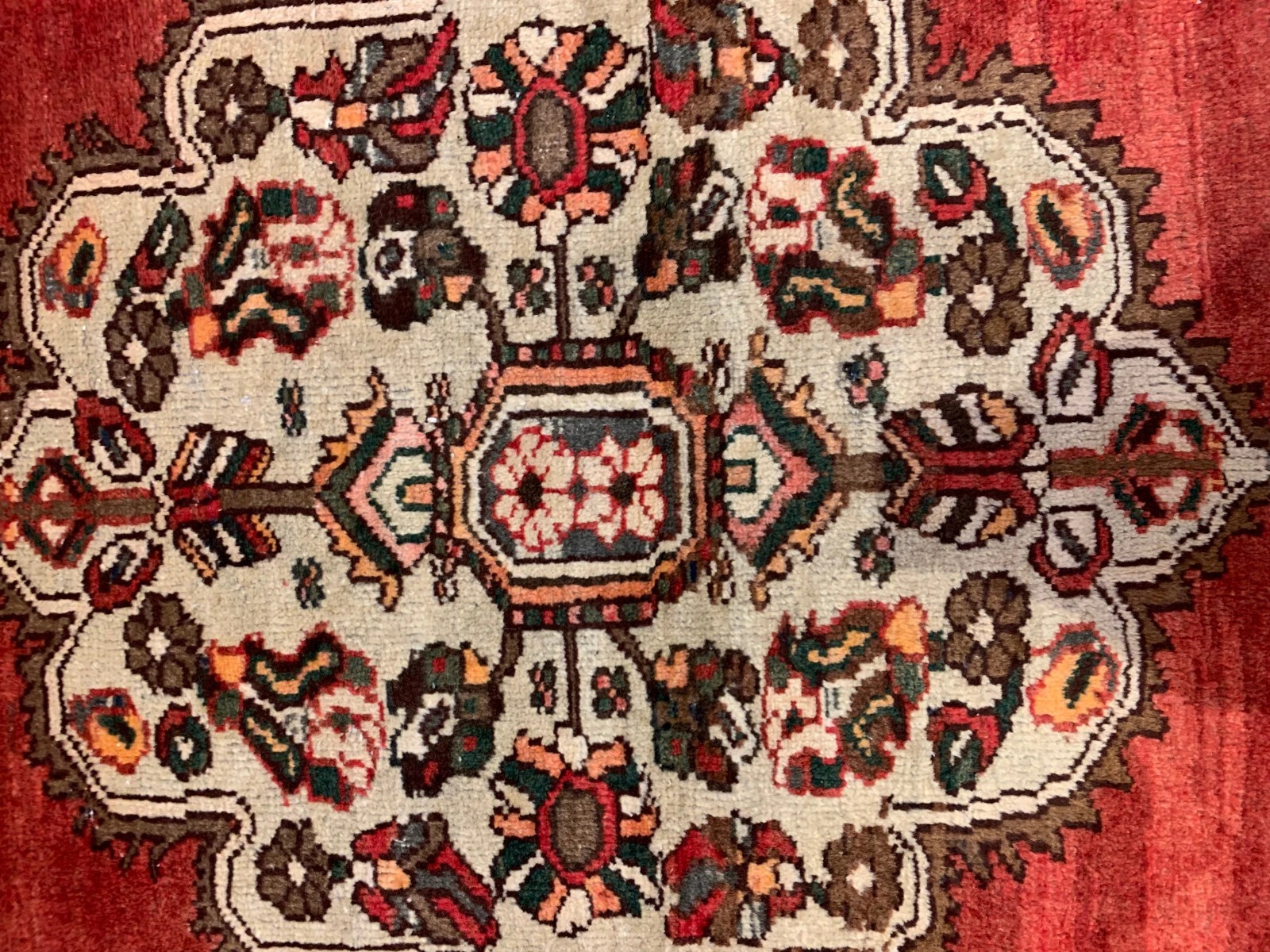 4.3 x 6.7 ft Semi Antique Tribal Geometric Red 100% Wool Vegetable Dye Rug