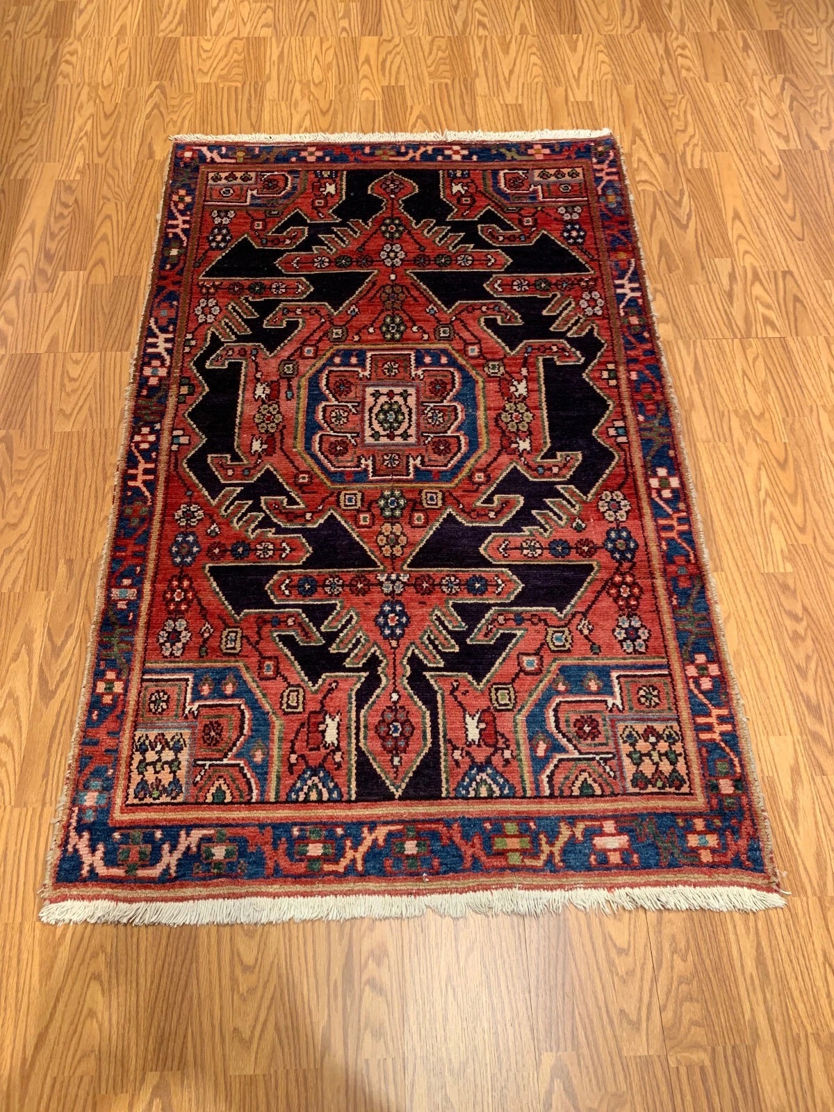 4 x 6.4 Vintage Tribal Geometric  Navy 100% Wool Rug Vegetable Dye Rug EB334846131209 Montaage