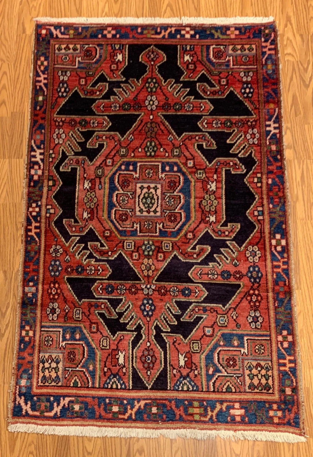 4 x 6.4 Vintage Tribal Geometric Navy 100% Wool Rug Vegetable Dye Rug