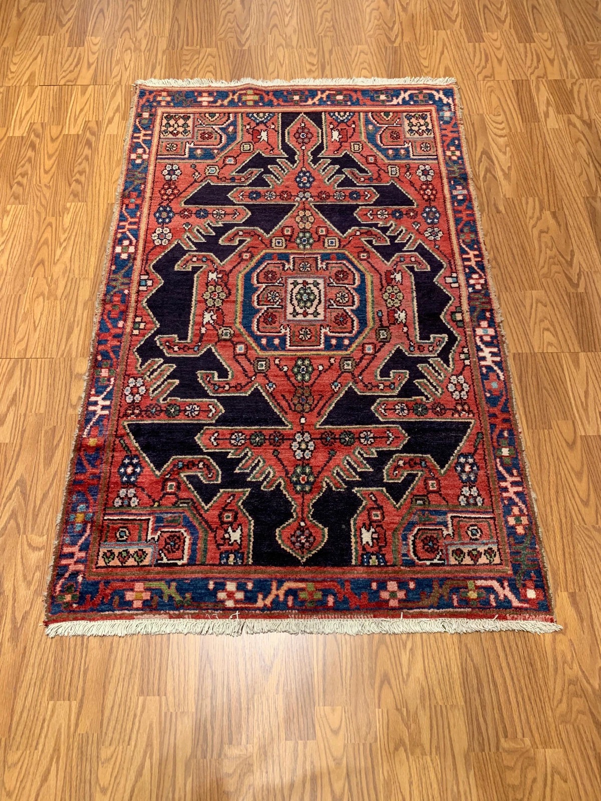 4 x 6.4 Vintage Tribal Geometric Navy 100% Wool Rug Vegetable Dye Rug