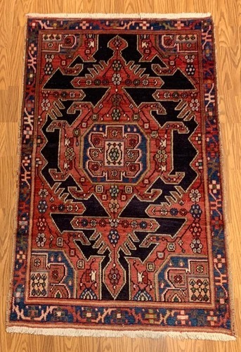 4 x 6.4 Vintage Tribal Geometric Navy 100% Wool Rug Vegetable Dye Rug