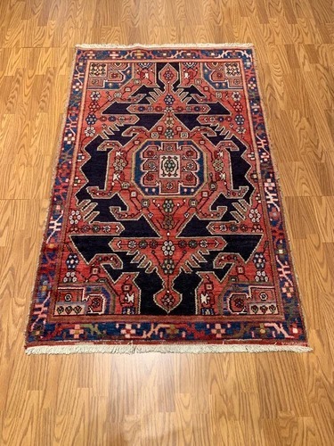 4 x 6.4 Vintage Tribal Geometric Navy 100% Wool Rug Vegetable Dye Rug