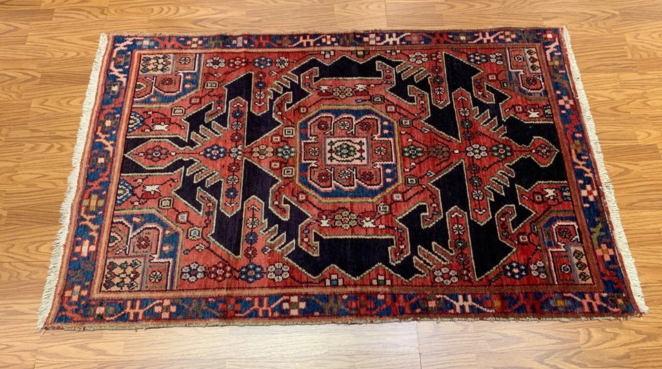 4 x 6.4 Vintage Tribal Geometric Navy 100% Wool Rug Vegetable Dye Rug