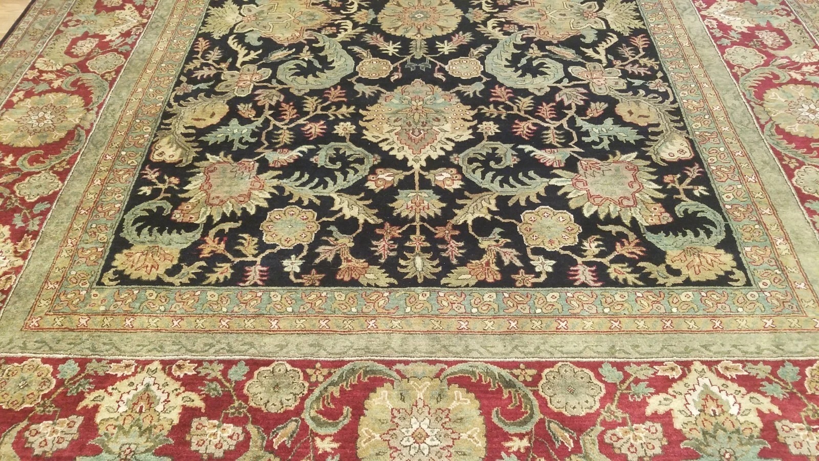 9 x 12 Black & Red Indo Agra All-Over Wool Hand-Knotted Oriental Rug