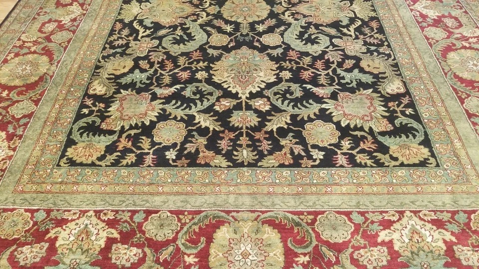 9 x 12 Black & Red Indo Agra All-Over Wool Hand-Knotted Oriental Rug