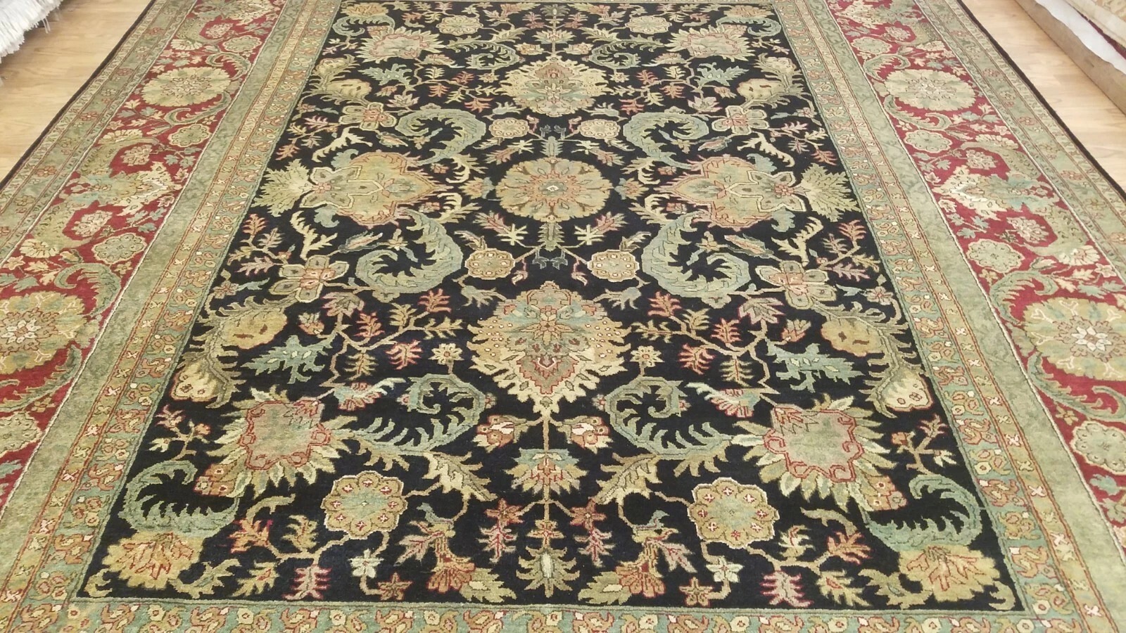 9 x 12 Black & Red Indo Agra All-Over Wool Hand-Knotted Oriental Rug