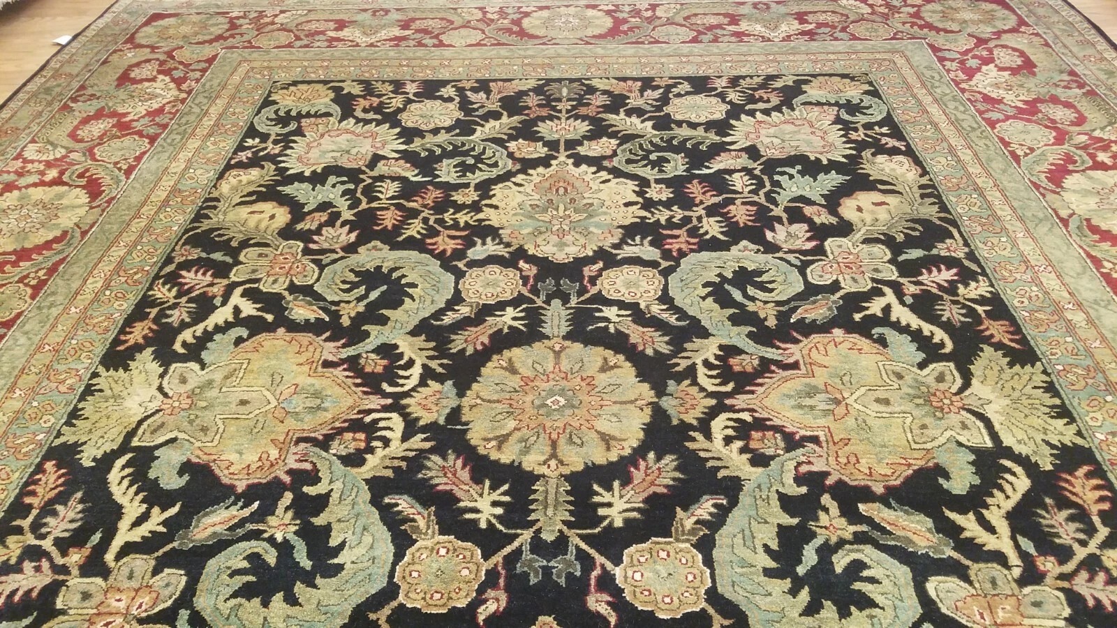 9 x 12 Black & Red Indo Agra All-Over Wool Hand-Knotted Oriental Rug