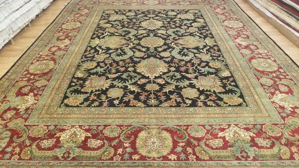 9 x 12 Black & Red Indo Agra All-Over Wool Hand-Knotted Oriental Rug