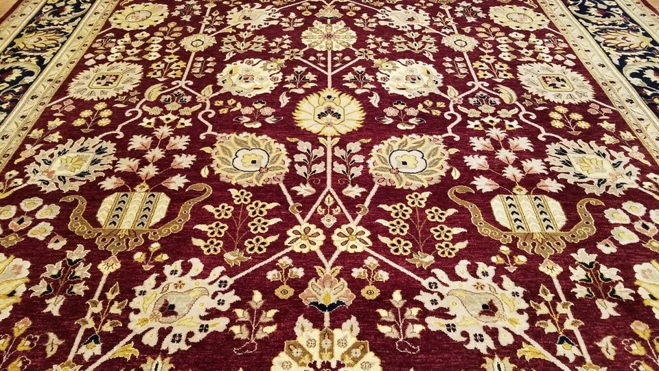 9 x 12 Maroon Navy India Jaipour All Over Hand Knotted Wool Oriental Rug