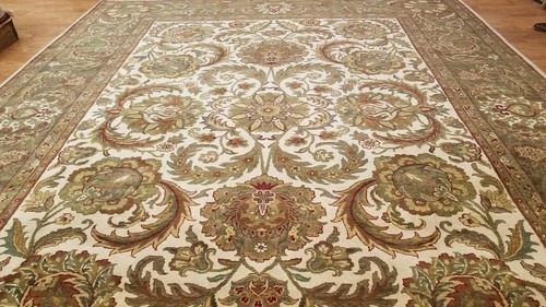 9 x 12 Ivory & Sage & Olive Green Agra All-Over Wool Hand-Knotted Oriental Rug