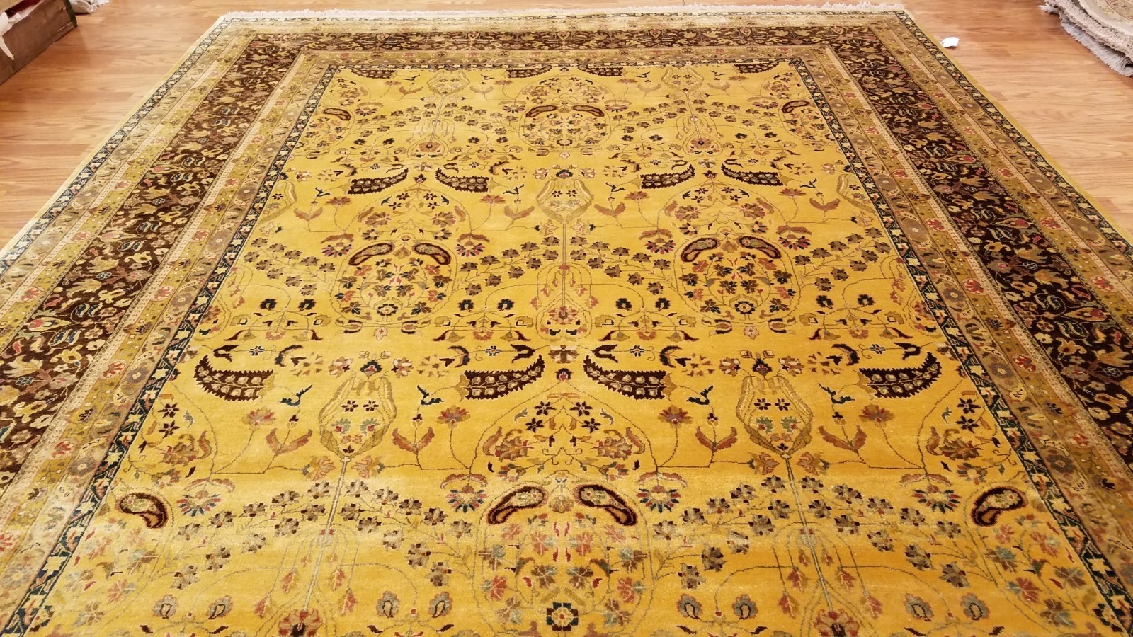 8 x 10 Fine Quality Gold & Chocolate Indo Sarouk Hand Knotted Wool Rug