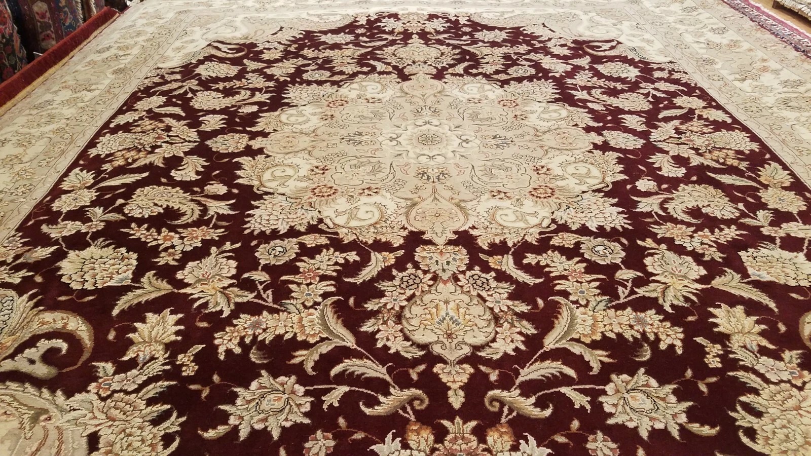 8 x 10 Burgundy Red Very Fine Wool & Silk Hand Knotted Rug
