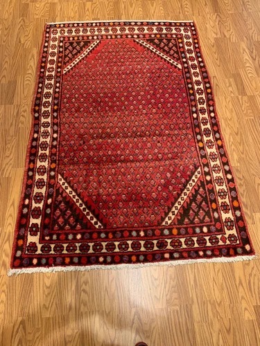4.6 X 6.11 Vintage Tribal Red Hand Knotted 100% Wool Vegetable Dye Rug