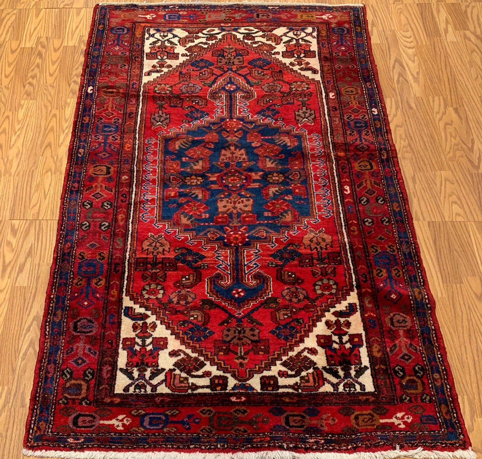 4.4 x 6.8 Vintage Tribal Red 100% Wool Hand Made Rug Vegetable Dye