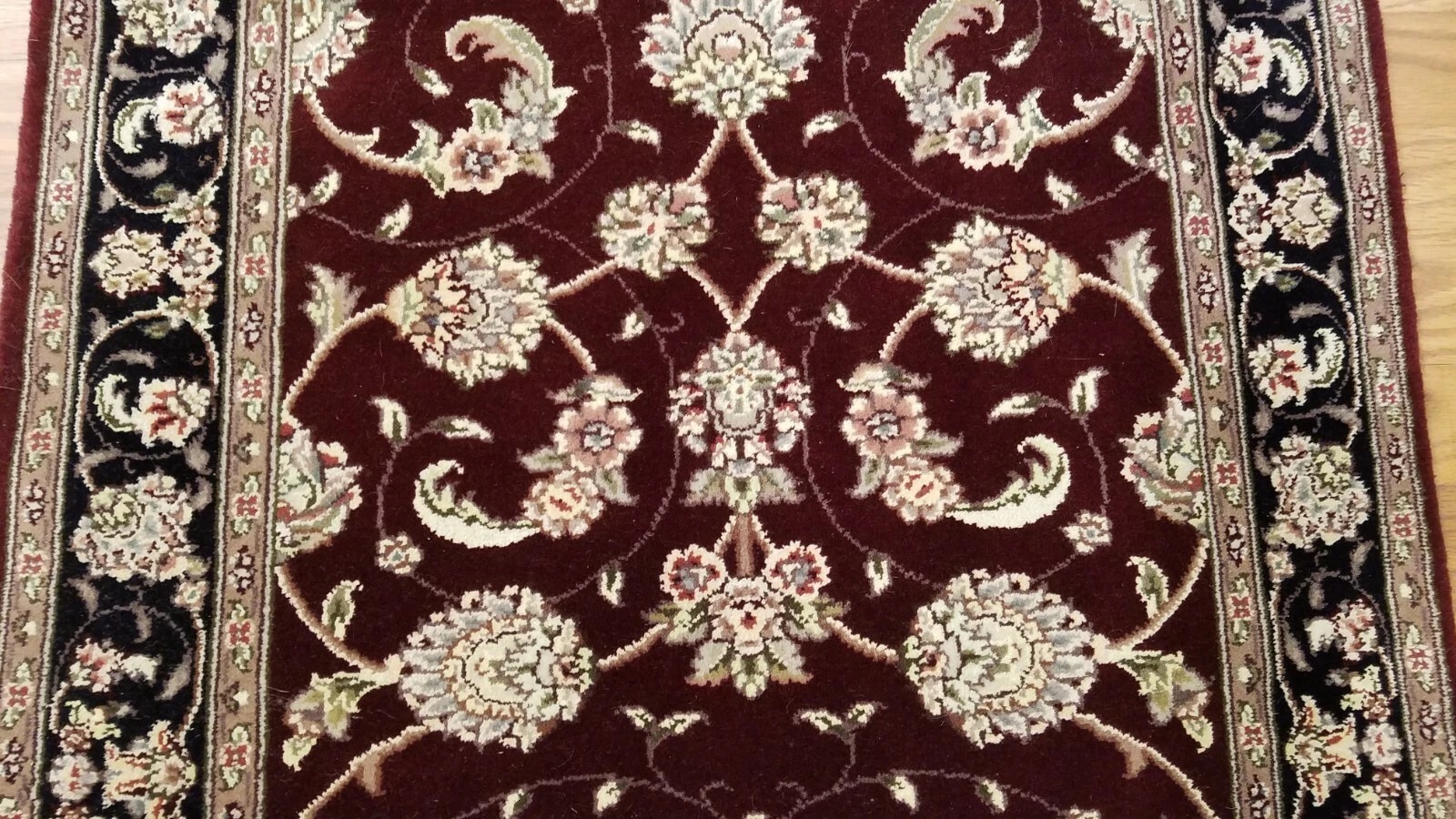 2.6 x 8.2 Maroon & Black Fine Quality Wool & Silk Hand Knotted Oriental Rug