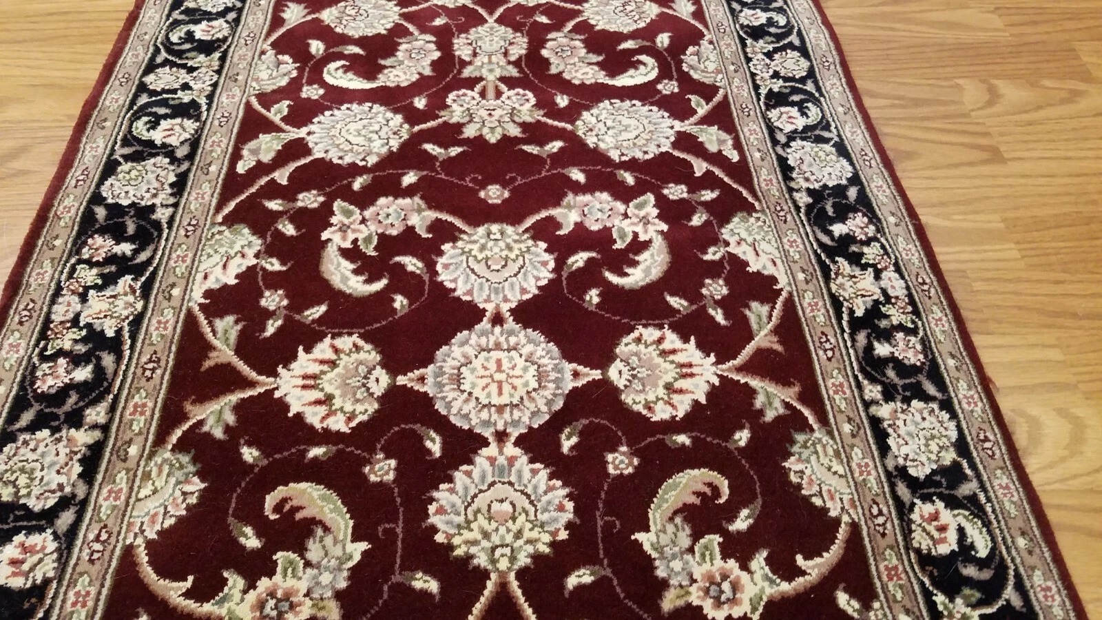 2.6 x 8.2 Maroon & Black Fine Quality Wool & Silk Hand Knotted Oriental Rug