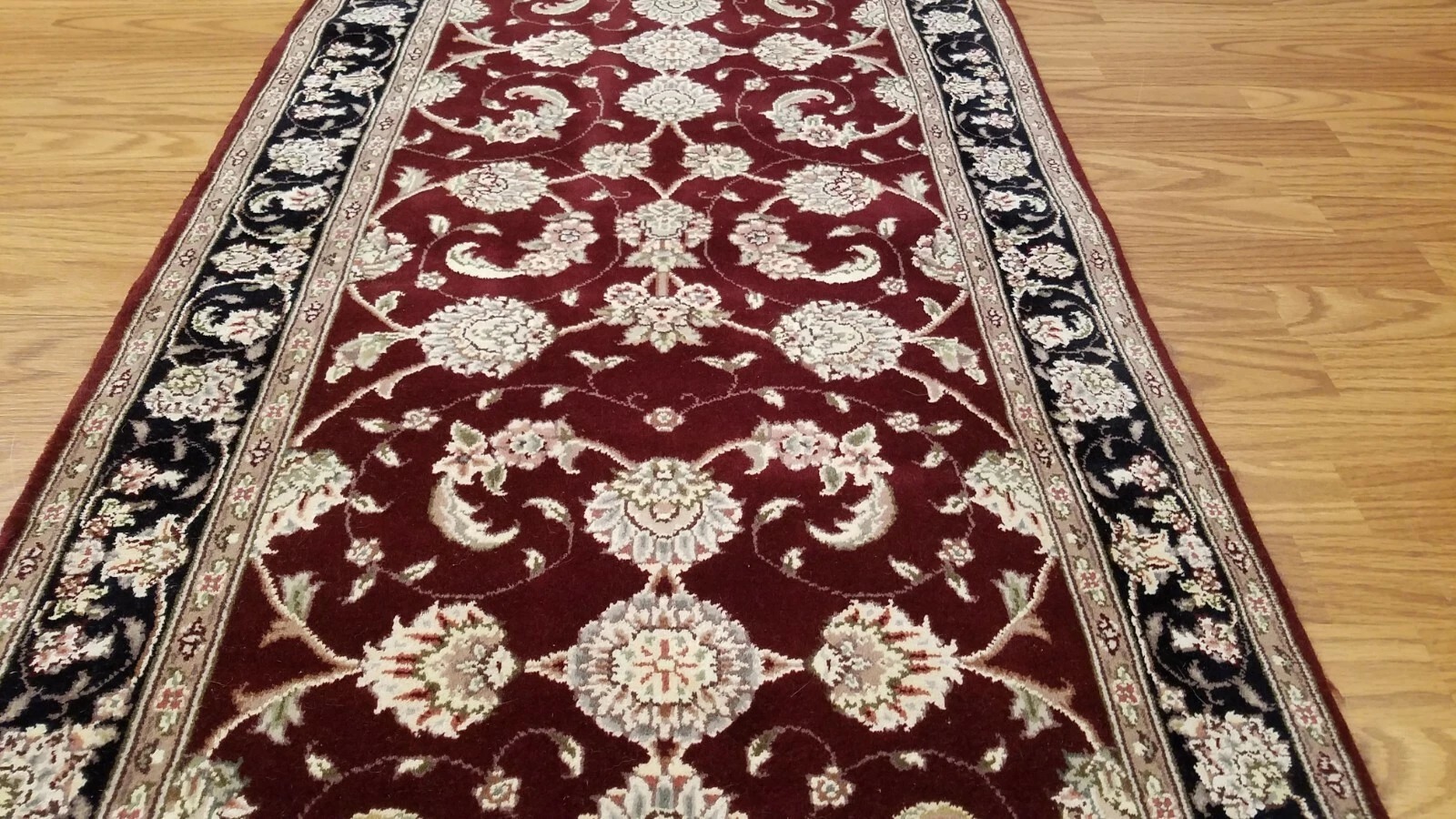 2.6 x 8.2 Maroon & Black Fine Quality Wool & Silk Hand Knotted Oriental Rug