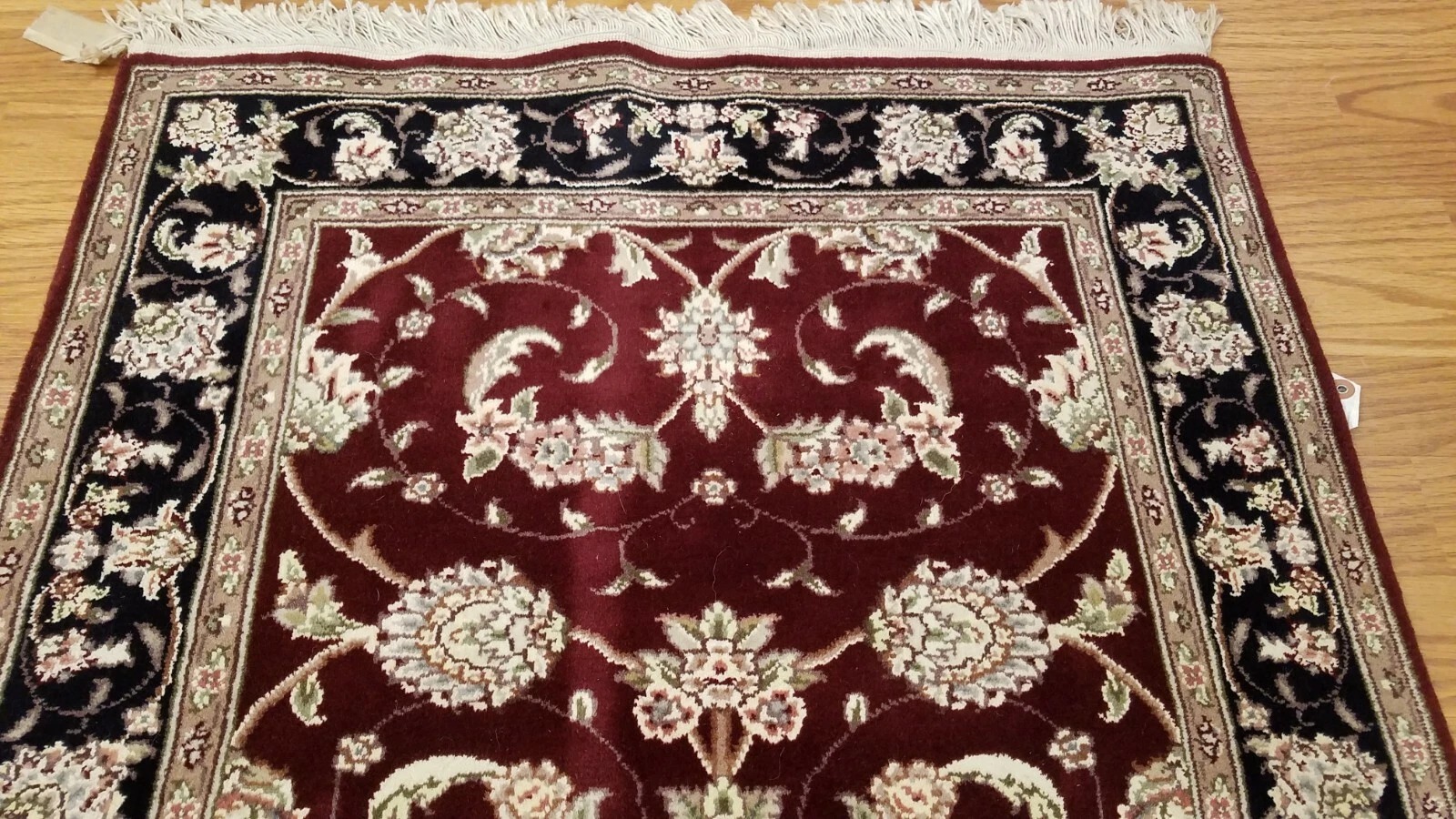 2.6 x 8.2 Maroon & Black Fine Quality Wool & Silk Hand Knotted Oriental Rug