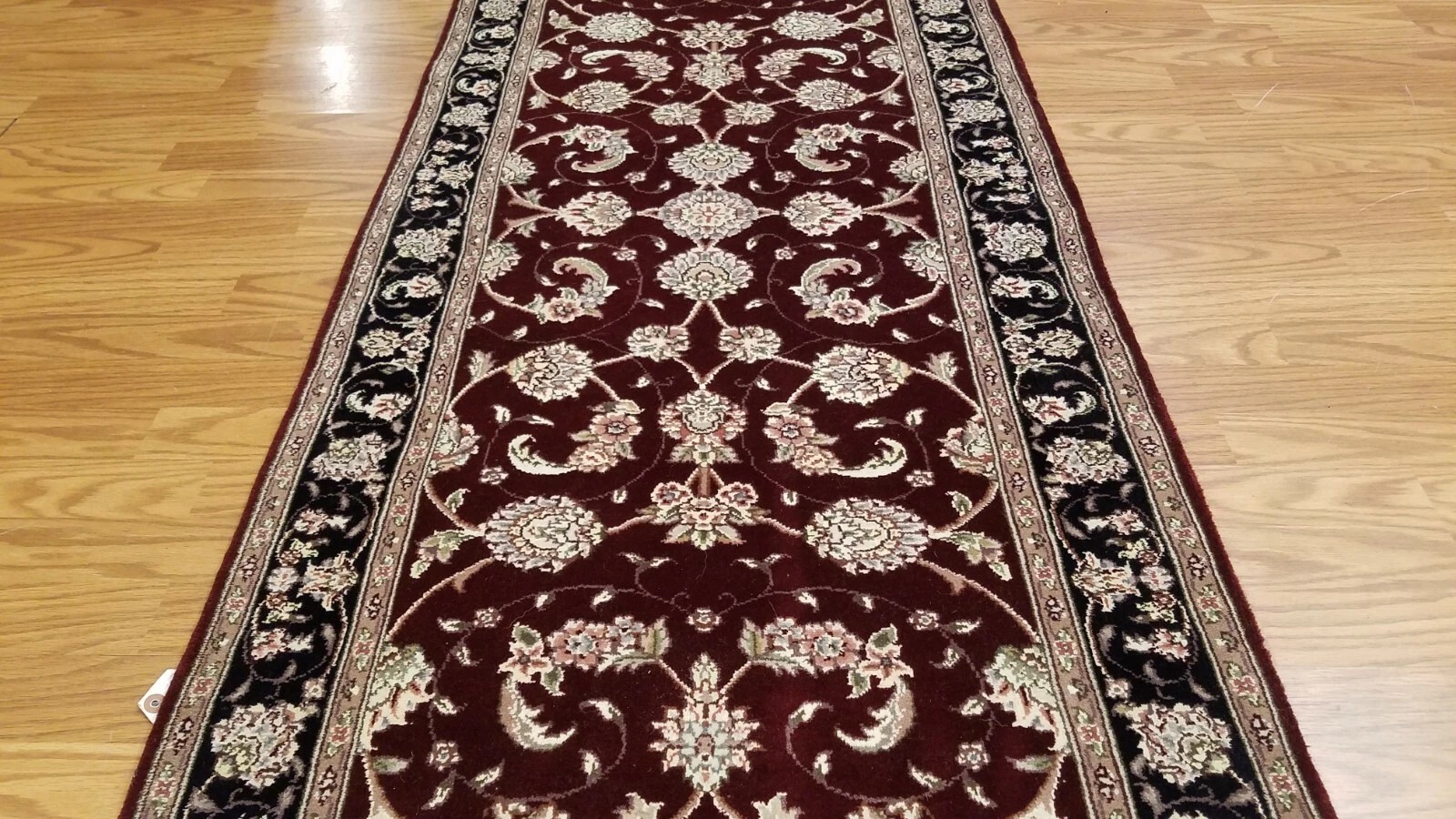 2.6 x 8.2 Maroon & Black Fine Quality Wool & Silk Hand Knotted Oriental Rug